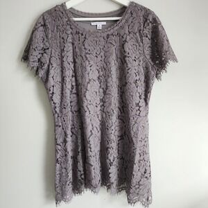ISAAC MIZRAHI LIVE Gray Floral Lace Shirt Womens Medium‎ Top Blouse Asymmetric